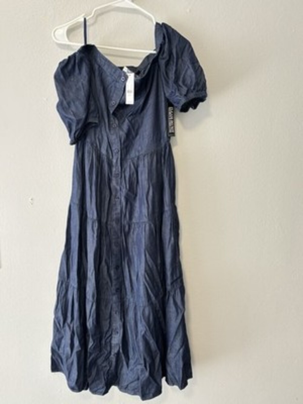 New York & Company S Puff Sleeve Square Neck Denim Midi Dress Blue
